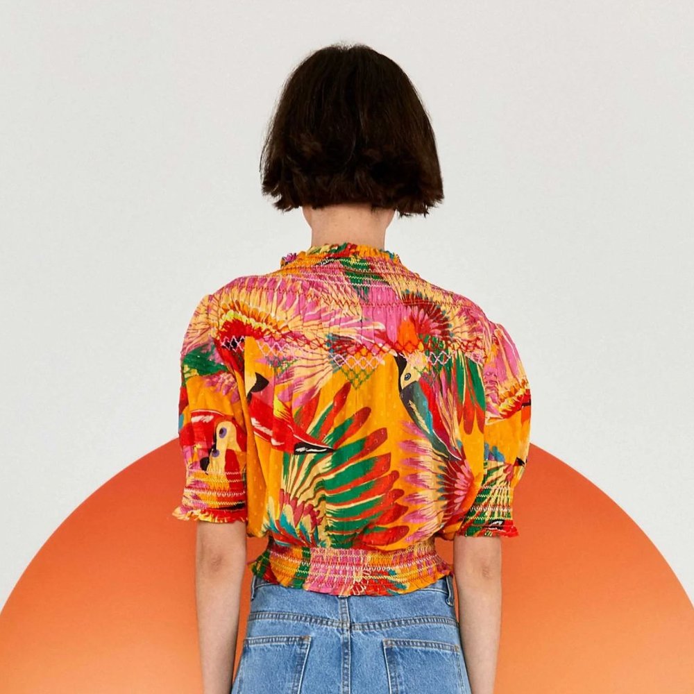 NWOT Farm Rio | Orange Colorful Toucans Embroidered Blouse - Picture 2 of 5